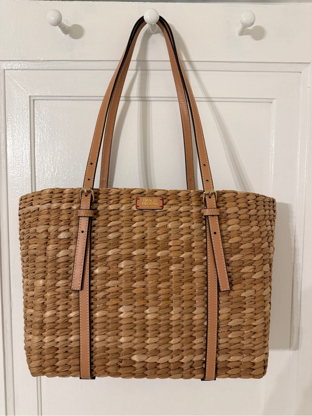 Francis Valentine Woven Straw Tote with Tan Leather Straps